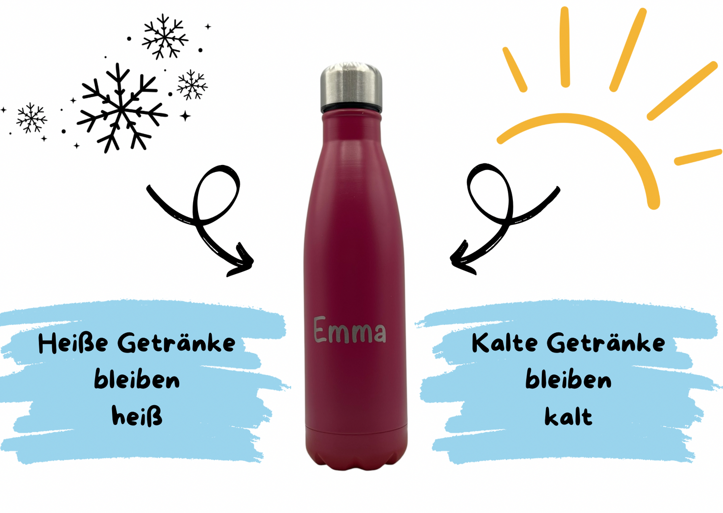 Personalisierte Thermosflasche mit Gravur, 6 Farben, Edelstahl 500ml, Trinkflasche