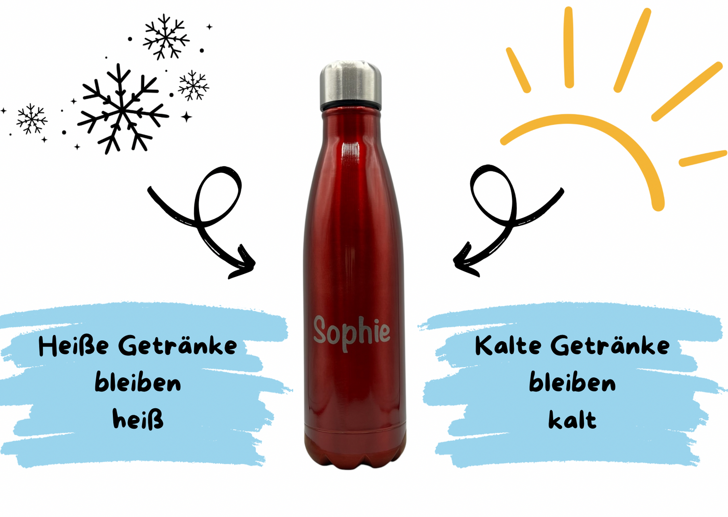 Personalisierte Thermosflasche mit Gravur, 6 Farben, Edelstahl 500ml, Trinkflasche